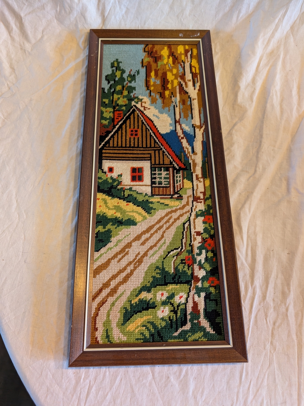 2/80$ Vintage Needlepoint Countryside Scene in Green, Blue, Brown, Yellow